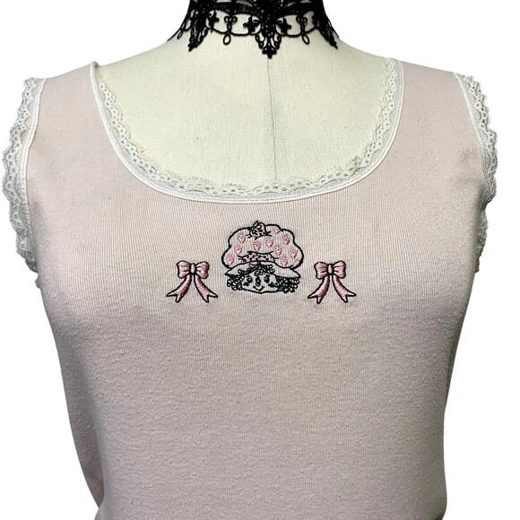 Cute Strawberry Shortcake Pink Lace Ribbed Tank Top Cottage Core Coquette Sz L - Picture 2 of 10